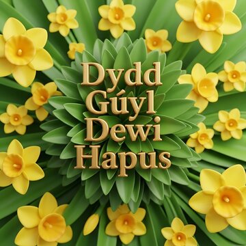 Vibrant daffodils and green leaves with welsh easter greeting text