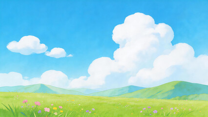 Obraz premium A tranquil meadow scene with lush green grass, colorful wildflowers, rolling hills, and fluffy white clouds against a bright blue sky. Ideal for nature, landscape, and outdoor themes.