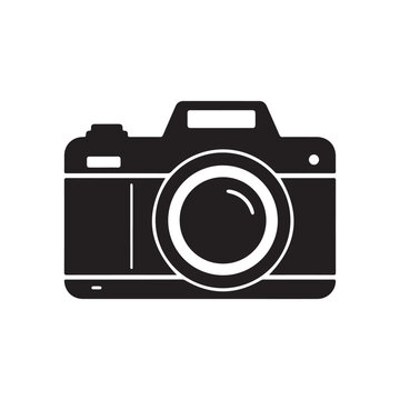 Black and white illustration of a digital camera with a large lens and viewfinder on a white background for graphic design  simple icon for photography and technology concepts
