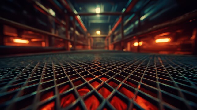 Molten Furnace's Intensity: An industrial interior captures the essence of raw power and intense heat, showcasing the raw energy of industry with a close-up of the metal grate.
