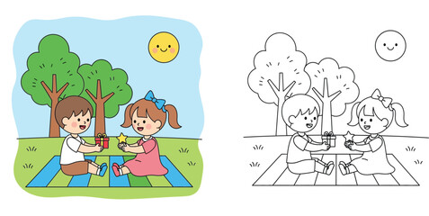 Obraz premium Cute cartoon boy and girl having picnic in park coloring page vector illustration. Kids sitting on blanket with gift and star. Outline and color version for children book.