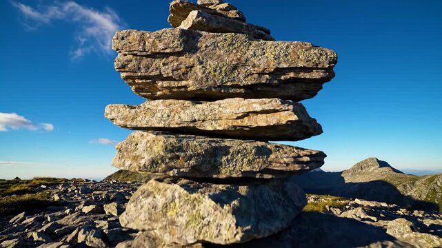Stack of balanced stones against a clear blue sky creating a zen rock formation on a mountain top for spiritual tranquility