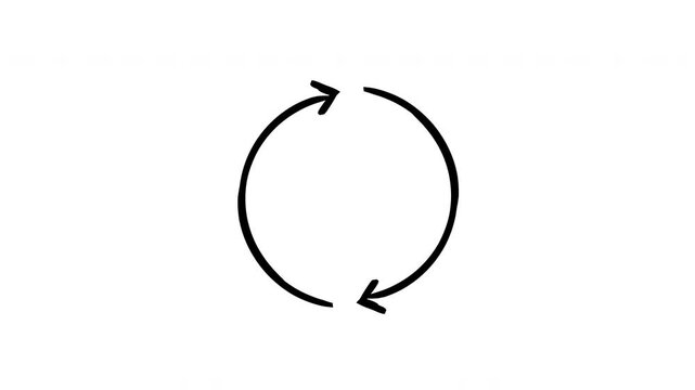 Two-sided circle arrows hand-drawn sketch animation. Circular loop. Clockwise repetition. Infinite motion. Animated doodle direction. Scribble pointer. Ink freehand symbol 4K video on transparent