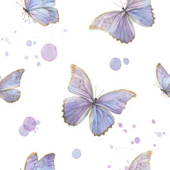 Morpho butterflies. Seamless pattern with pastel purple butterflies and watercolor splashes. Perfect for fabric, wallpaper, stationery, wrapping paper and feminine decor. © Daria