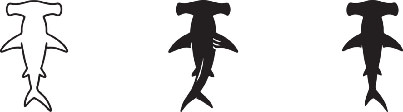 Hammerhead shark icon set in line, solid and flat style. Colorful vector symbol pack.