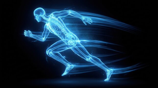 Blue neon human skeleton running with light trails against dark background in motion blur