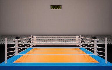 Fototapeta premium Detailed 3D rendering of a boxing ring in an empty arena showcasing ropes, posts, scoreboard and blue mat from a frontal viewpoint