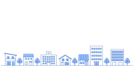 街並みのイラストのバナー背景　手描き風　横長　16:9　青