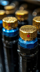 Close-up of elegantly designed gold and blue textured caps with red accents, sparkling with fine droplets against dark, reflective background, showcasing intricate detail and luxurious appeal.