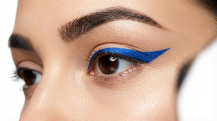 Obraz premium Close-up beauty shot of vibrant electric blue graphic eyeliner isolated on white