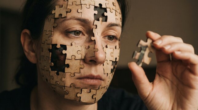 Portrait of Woman Made of Puzzle Pieces Concept of Identity and Mental Health