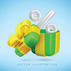 Vector cartoon 3d sale banner. Cute realistic holiday green open gift box with gold bow, percent sign inside. Minimal 3d render surprise for loyalty promotion, Christmas sale, discount, special offer.