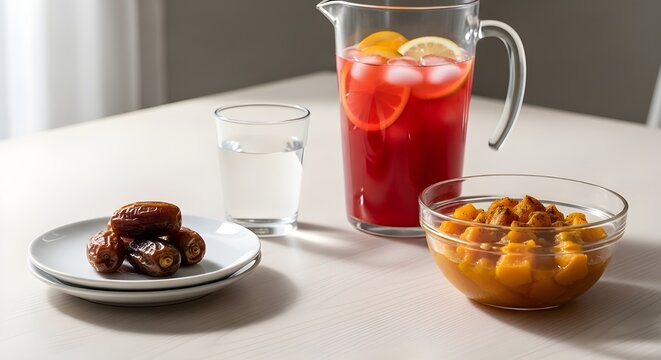Healthy Iftar Menu: Dates, Water, Fresh Syrup Ice, and Pumpkin Compote