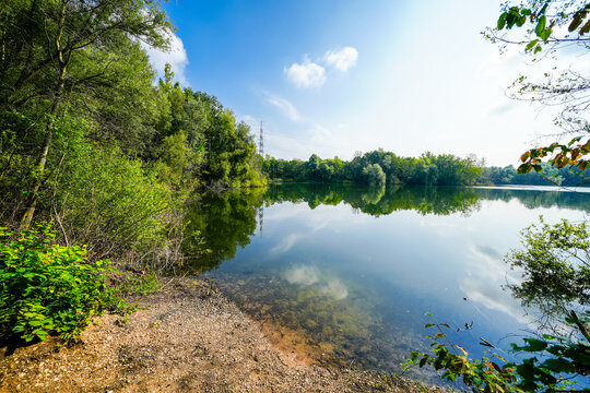 View of the Silbersee lake and the surrounding landscape. Nature by the lake near Leverkusen.
