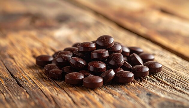 FlyPro Firefly pile of small dark brown coated tablets irregular shape on rough unpolished wooden surface high resolution