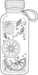 Black and white line of a water bottle with fruit strawberry