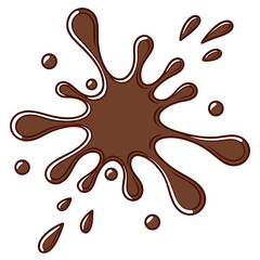 A brown liquid splash resembling chocolate or mud with a central blot and elongated droplets radiating outward, plus smaller scattered drops.