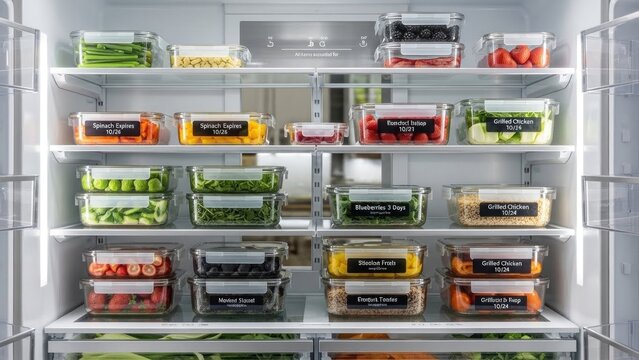 A well-organized refrigerator interior with shelves filled with various colorful containers of fruits and vegetables