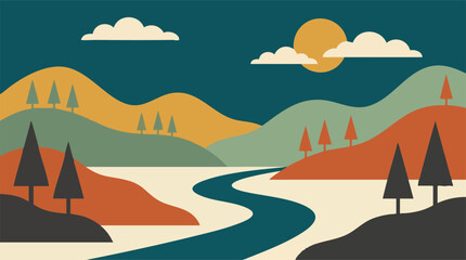 Minimalist flat design landscape illustration with mountains, river, sun, and trees
