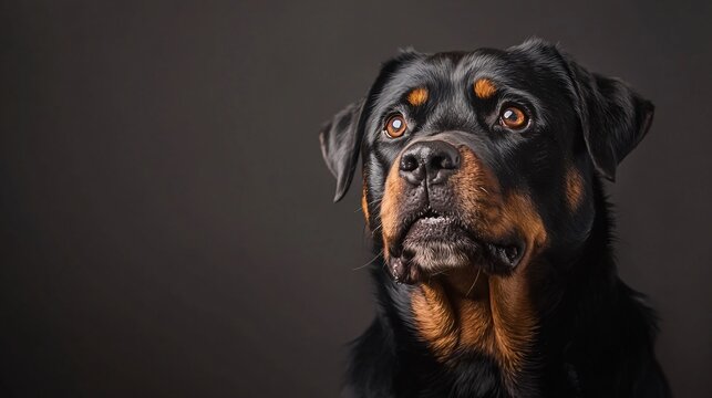 Aggressive rottweiler closeup studio setting animal photography dark background intense mood