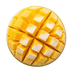 A close-up view of a perfectly sliced mango with a yellow and white pattern isolated on transparent background