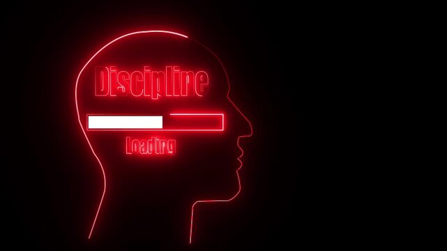 Neon red outline of a human head profile with the word Discipline and a loading bar inside progress bar