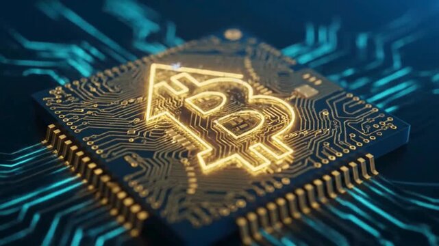 A macro shot of a computer microchip that illuminates with a golden Bitcoin logo and an upward-pointing arrow, symbolizing cryptocurrency market growth, blockchain technology, and digital financial su