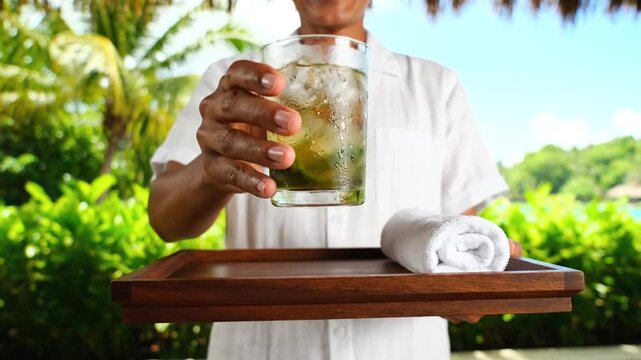 Smiling server offering a refreshing cold beverage on a wooden tray in a vibrant tropical resort setting showing hospitality , close-up.