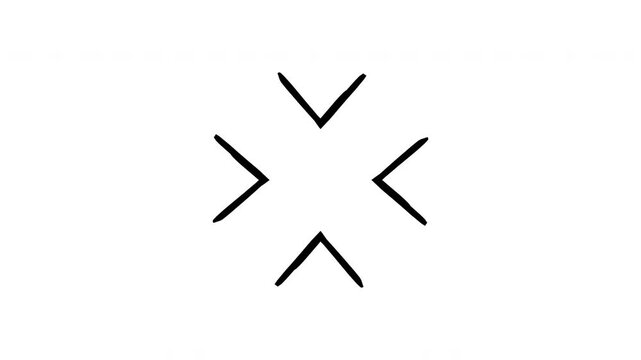 Four arrows pointing inward hand-drawn sketch animation. Convergence focus. Centralization target. Animated doodle direction. Scribble pointer. Ink freehand symbol 4K video on transparent