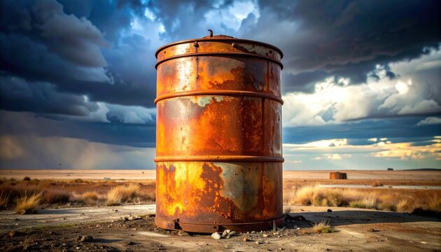 FlyPro Firefly Rusty Metal Water Cistern, Abandoned and Corroded, Photorealistic DSLR Style under Overcast Skies