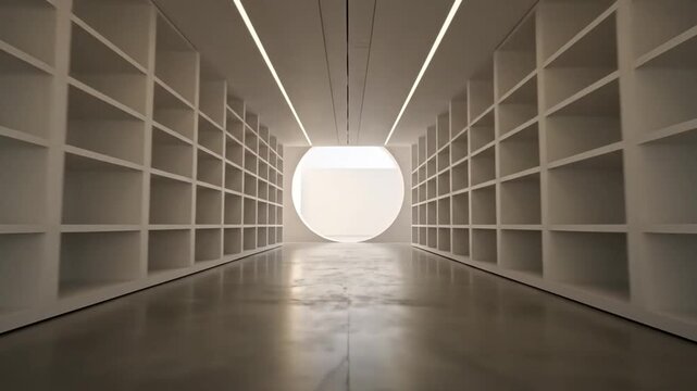 Long shot of a modern library hallway with empty shelves and a bright light at the end, creating a sense of depth and minimalism.