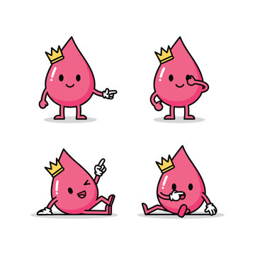 Cartoon blood drop characters with crown expressing different emotions and actions