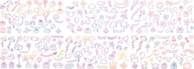 Colorful hand-drawn doodles of festive elements including balloons, kites, and gifts.