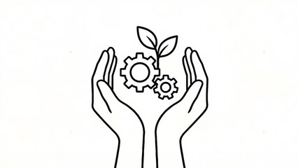 Hands holding gears and plant