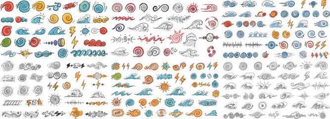 Colorful hand-drawn icons representing nature's elements: water, fire, wind, and earth in various styles.