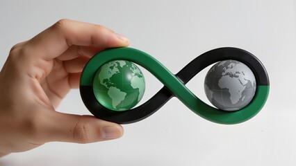 Hand holding infinity symbol with earth globes