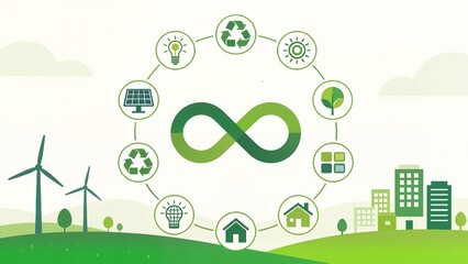 Green energy icons and windmills