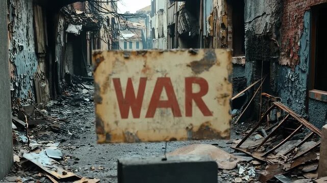 Rusty sign with the word war standing in a destroyed and abandoned city after a military conflict