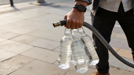 Person holding water bottles with hose