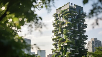 Tall building with green plants on balconies