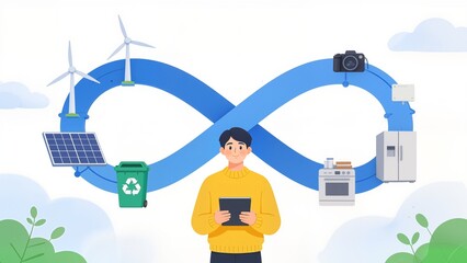 Man with tablet surrounded by eco tech