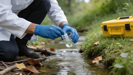 Scientist testing water in stream