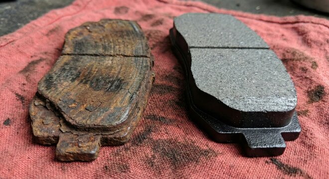 Worn brake pad next to new one showing difference in wear and tear on a red rag in a garage