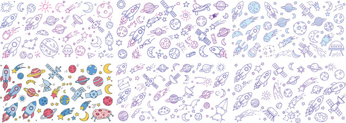 Colorful hand-drawn space-themed illustrations featuring planets, rockets, and stars in vibrant hues.