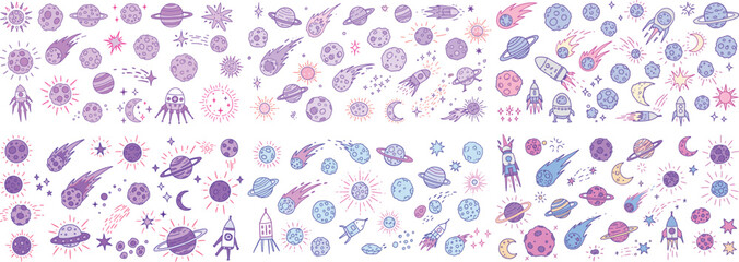 Colorful hand-drawn space-themed illustrations featuring planets, rockets, and celestial bodies in vibrant hues.