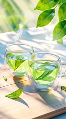 Two glass cups of hot steaming green tea with fresh leaves on a wooden table