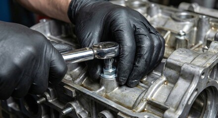 Mechanic tightens bolt on engine block with ratchet wrench, automotive repair in garage, close-up