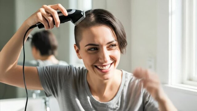 Woman shaving her head with an electric clipper, smiling, self-care, personal style