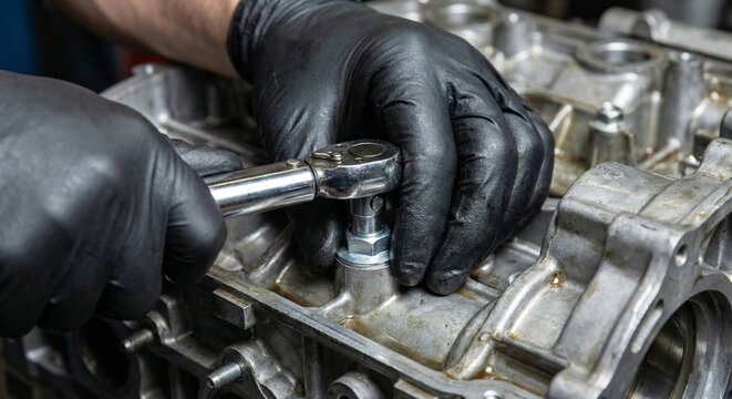 Mechanic tightens bolt on engine block with ratchet wrench, automotive repair in garage, close-up