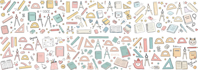 Colorful illustration of school supplies and stationery items in a playful, doodle style.